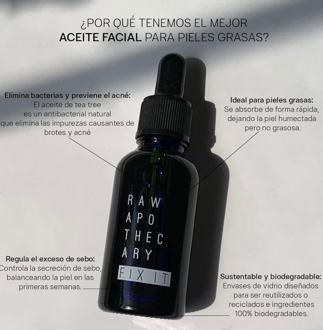 RAW APOTHECARY | Aceite Facial Fix it | Skin Care para Piel Grasa y Acne | Hidratante Facial Piel Grasa | A base de Tea Tree, Pepita de Uva, Lavanda, Enebro | Control Sebo | Rutina Diaria Cuidado Facial | 30 ml