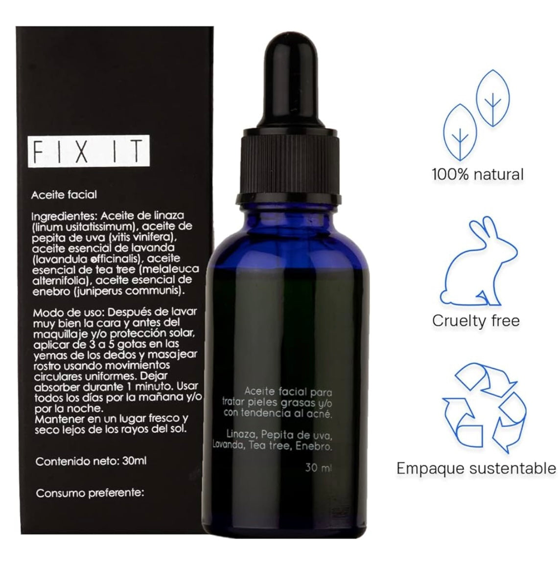 RAW APOTHECARY | Aceite Facial Fix it | Skin Care para Piel Grasa y Acne | Hidratante Facial Piel Grasa | A base de Tea Tree, Pepita de Uva, Lavanda, Enebro | Control Sebo | Rutina Diaria Cuidado Facial | 30 ml