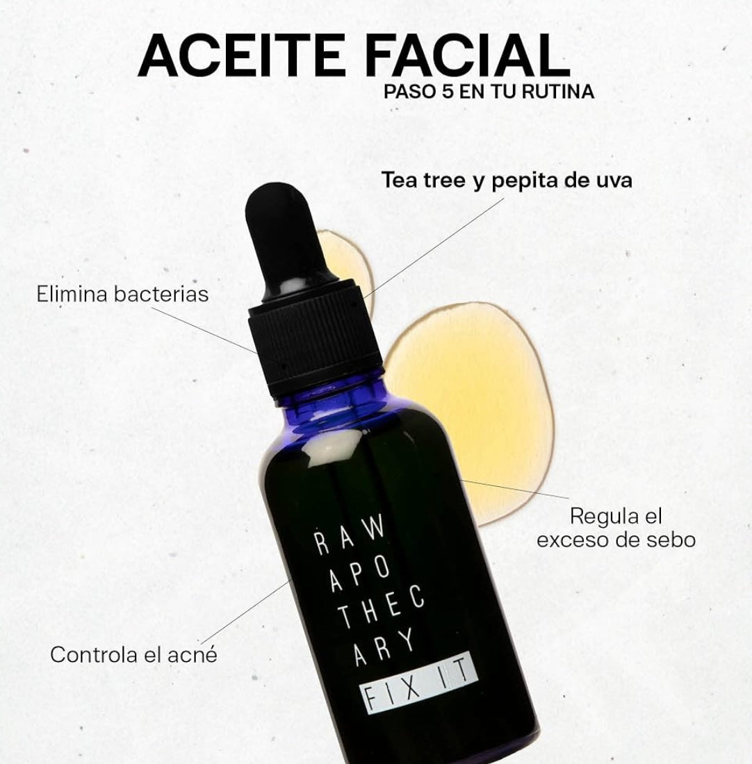 RAW APOTHECARY | Aceite Facial Fix it | Skin Care para Piel Grasa y Acne | Hidratante Facial Piel Grasa | A base de Tea Tree, Pepita de Uva, Lavanda, Enebro | Control Sebo | Rutina Diaria Cuidado Facial | 30 ml