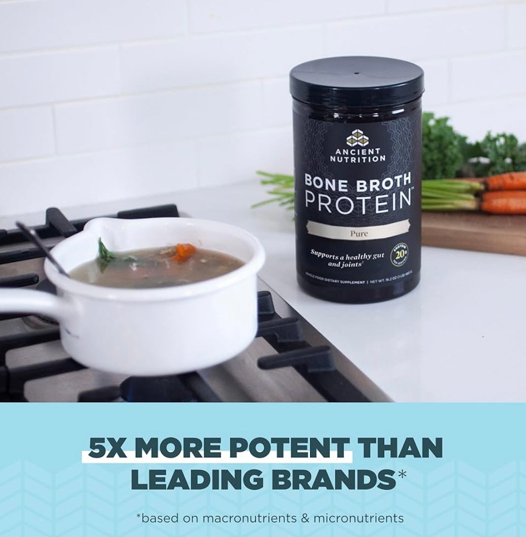 Ancient Nutrition Bone Broth Protein Powder, Pure Flavor, 40 Servings Size, 31.4 Ounce