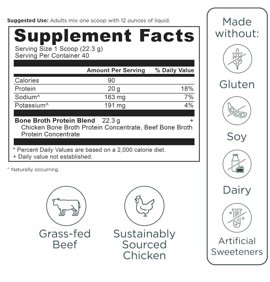 Ancient Nutrition Bone Broth Protein Powder, Pure Flavor, 40 Servings Size, 31.4 Ounce
