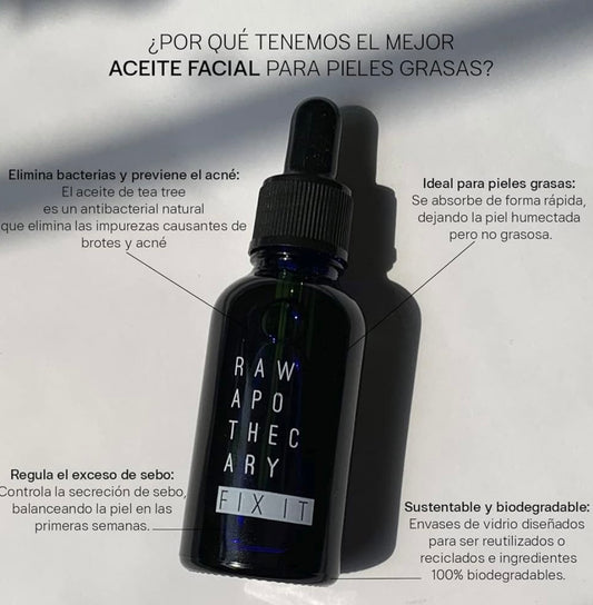 RAW APOTHECARY | Aceite Facial Fix it | Skin Care para Piel Grasa y Acne | Hidratante Facial Piel Grasa | A base de Tea Tree, Pepita de Uva, Lavanda, Enebro | Control Sebo | Rutina Diaria Cuidado Facial | 30 ml