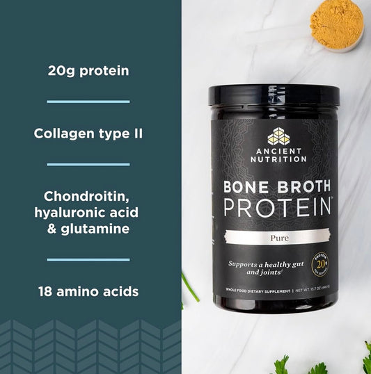Ancient Nutrition Bone Broth Protein Powder, Pure Flavor, 40 Servings Size, 31.4 Ounce